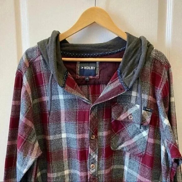 KOLBY Mens Flannel Shirt Button Up Shacket Hoodie Burgundy Grey Plaid Large - Picture 7 of 16